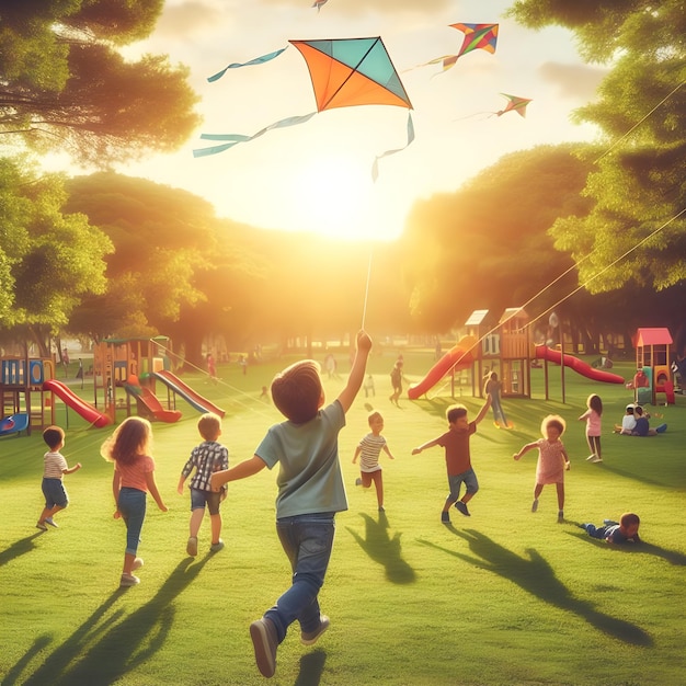 Un niño volando una cometa en un parque con otros niños