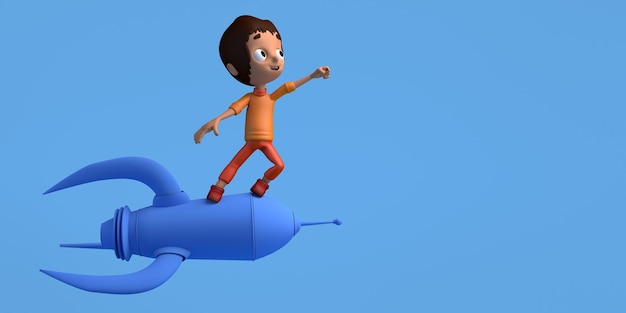 Foto niño volando encima de un cohete copia espacio ilustración 3d dibujos animados