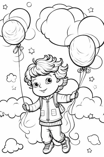 Un niño volando con globos en el cielo.