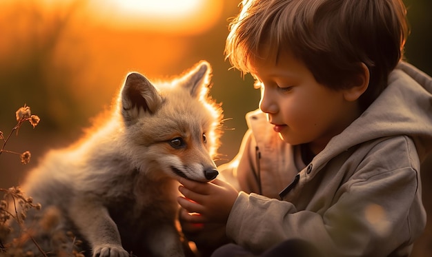 un niño con un zorro en el pecho está mirando a un zorro
