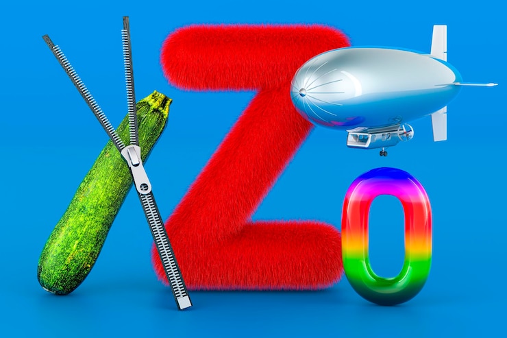 Foto niños abc esponjosa letra z con cremallera zeppelin calabacín cero renderizado 3d