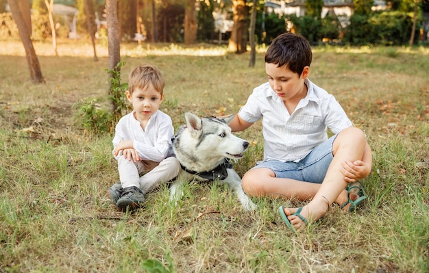 Los niños abraza con amor a su perro mascota. Niños y una mascota en un prado de verano. Familia jugando con perro en el parque.
