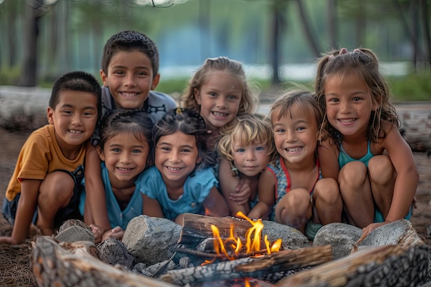 Foto los niños se abrazan cerca de la fogata.