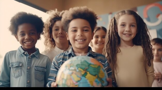 Foto los niños abrazan el globo terrestre con sus manos concepto del día de la tierra