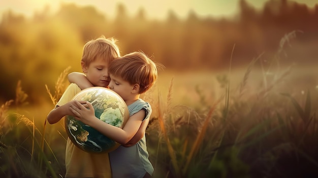 Foto los niños abrazan el globo terrestre con sus manos