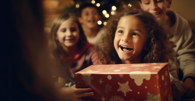 los niños abren con entusiasmo los regalos de Navidad