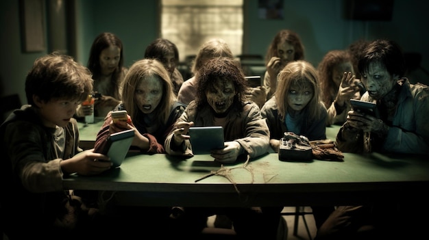 Foto los niños absortos en sus teléfonos móviles sus expresiones vacías y como zombies