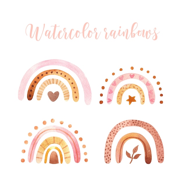 Niños abstractos acuarela raindow set clipart con ilustración de arte de vivero de arco iris boho en estilo escandinavo de moda