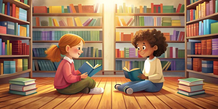 Niños en una acogedora librería envueltos en una conversación de regreso a la escuela