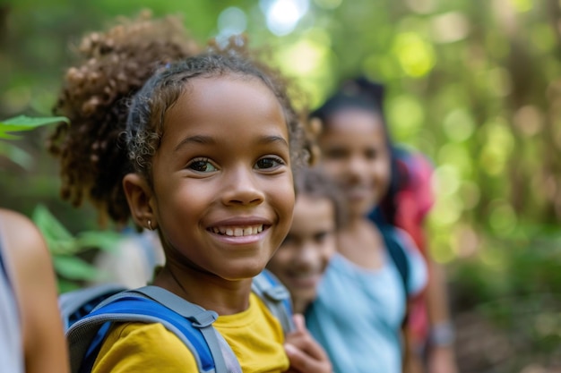 Niños y adolescentes activos caminando por el campamento de verano del bosque.