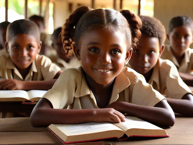 Niños africanos 39s sentados en los escritorios de la escuela con su rostro sonriente