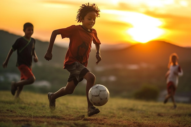 Niños africanos felices jugando con la pelota Juego de fútbol infantil Infancia al atardecer al aire libre Niños jugando al fútbol