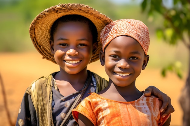 Niños africanos felices sonriendo en el fondo de la naturaleza el problema de la pobreza en África 1