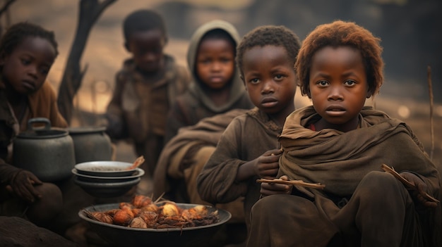 Niños africanos hambrientos están pidiendo comida Desnutrición retrato de niños refugiados África pobreza pobres rostros de niños retrato