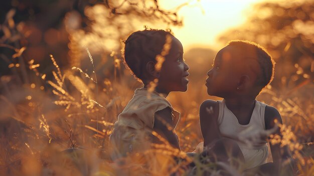 Niños africanos interactuando en la naturaleza al atardecer