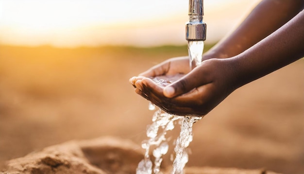 Foto niños africanos con las manos en un grifo de agua limpia que simboliza el acceso a los recursos esenciales y la esperanza de