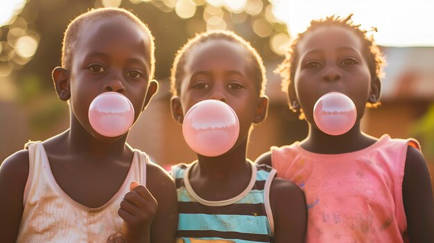 Foto niños africanos soplando burbujas con chicle