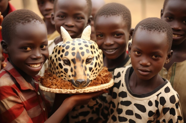 Niños africanos sosteniendo un pastel de cumpleaños para celebrar el feliz cumpleaños