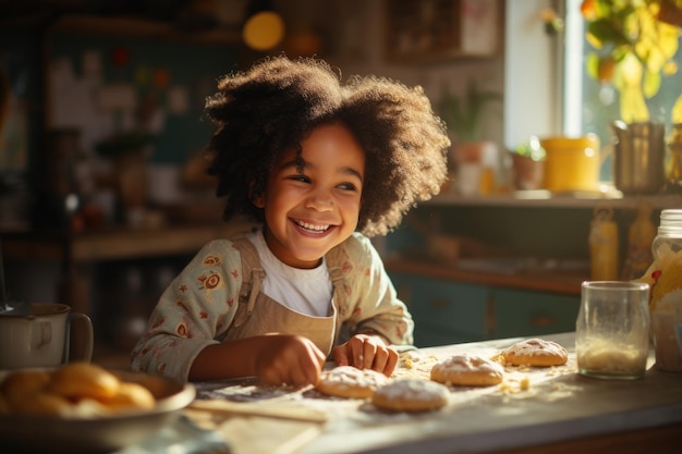 niños afroamericanos felices riendo cocinando y decorando galletas de Navidad Navidad borrosa