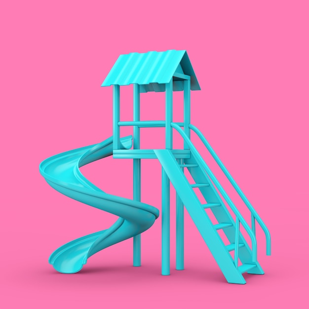 Los niños al aire libre azul se deslizan en estilo duotono sobre un fondo rosa. Representación 3D