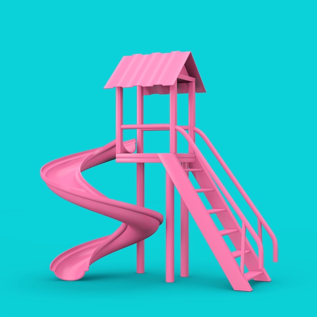 Los niños al aire libre de color rosa se deslizan en estilo duotono sobre un fondo azul. Representación 3D