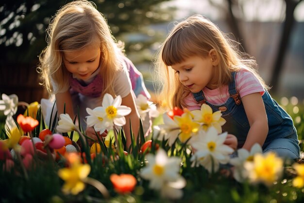 Niños alegremente en busca de huevos de Pascua en el jardín de primavera en flor