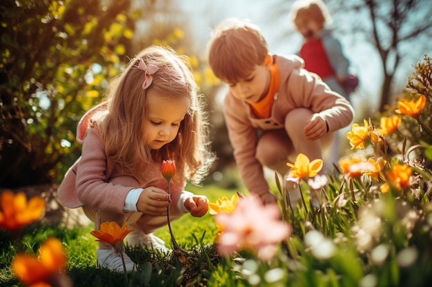 Niños alegremente en busca de huevos de Pascua en el jardín de primavera en flor