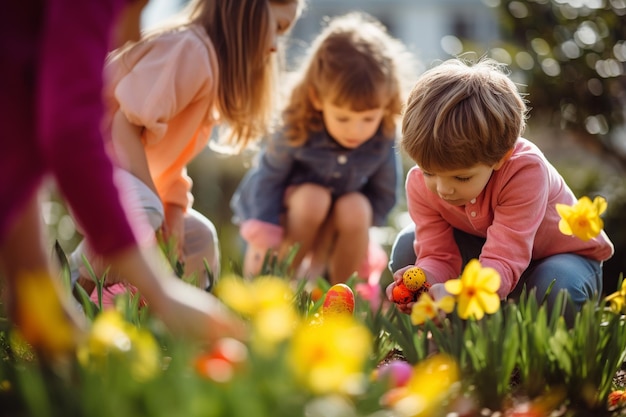 Niños alegremente en busca de huevos de Pascua en el jardín de primavera en flor