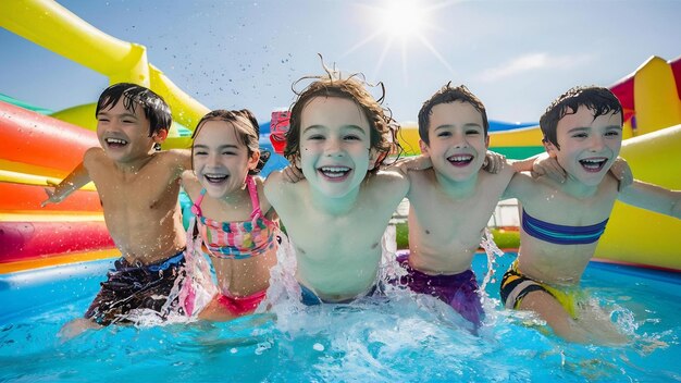 Niños alegres alegrándose saltando nadando en la piscina