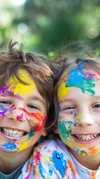 Niños alegres celebrando con rostros coloridos