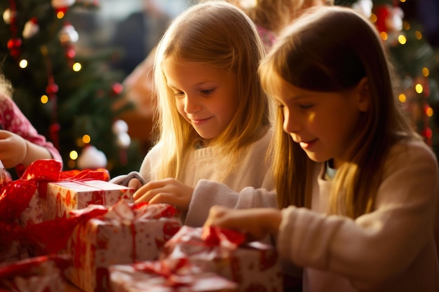 Niños alegres desempaquetando sorpresas navideñas