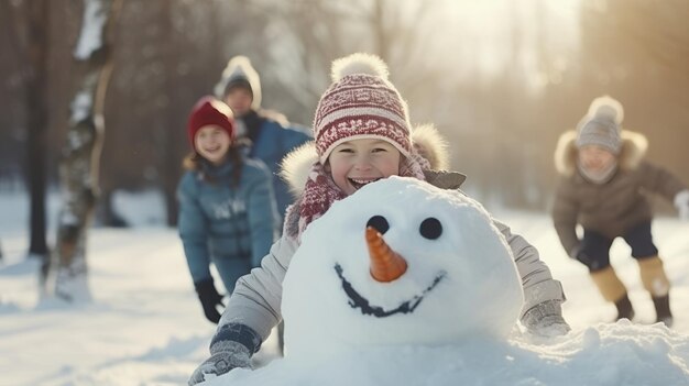 Los niños alegres están haciendo un muñeco de nieve en la calle generación de IA