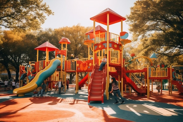 Niños alegres explorando toboganes y columpios en el patio de juegos IA generativa