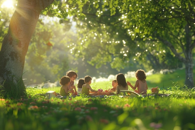 Niños alegres haciendo un picnic y jugando