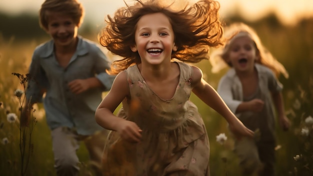 Niños alegres jugando abrazando la felicidad infantil IA generativa