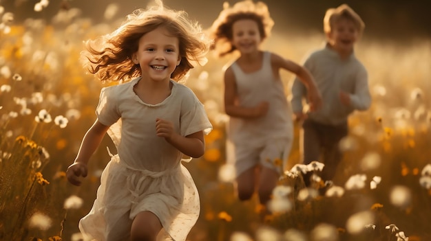 Niños alegres jugando abrazando la felicidad infantil IA generativa