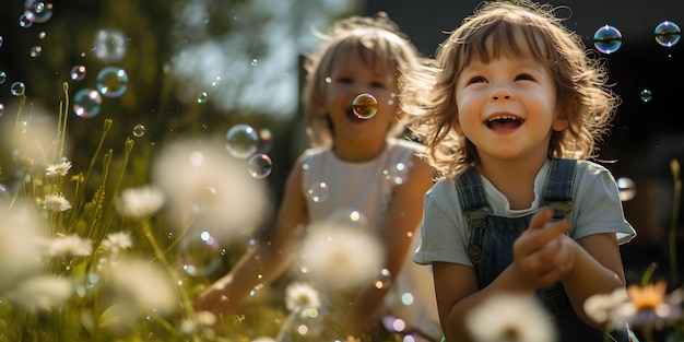 Niños alegres jugando con burbujas en un día soleado momentos alegres de la infancia niños despreocupados en la naturaleza AI