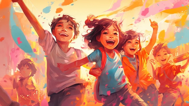 Niños alegres jugando en Holi