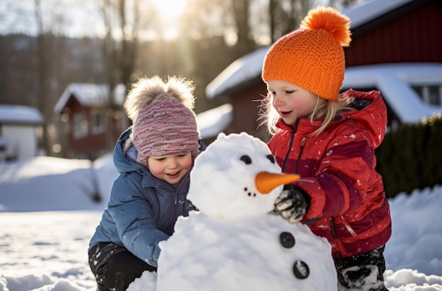 Niños alegres jugando con el muñeco de nieve