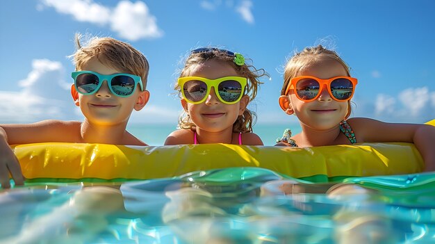 Niños alegres relajándose en un sofá inflable en medio de un cielo soleado