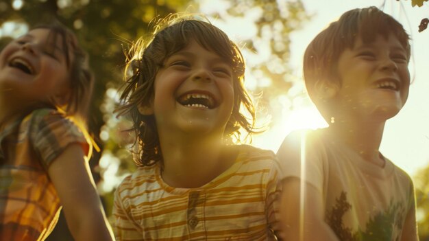 Foto niños alegres riendo en la luz dorada de la puesta de sol epítome de la felicidad de la infancia