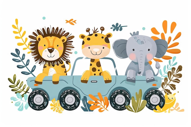 Niños de animales de safari en una ilustración de jeep