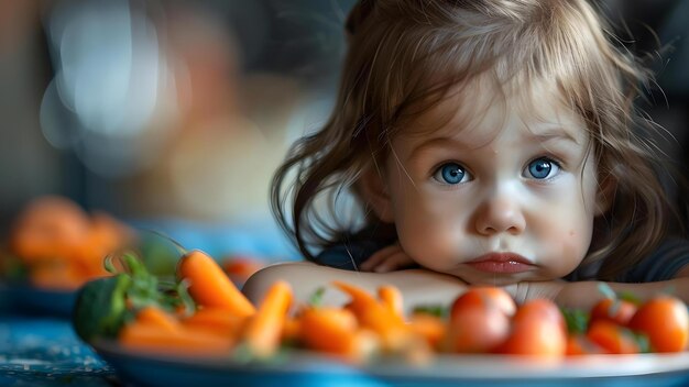 Foto niños de 39 años que se enfadan con un plato de verduras una mirada a las luchas a la hora de comer y el concepto de alimentación saludable comidas familiares comedores exigentes recetas saludables comportamiento de los niños pequeños estrategias a la vez de comer