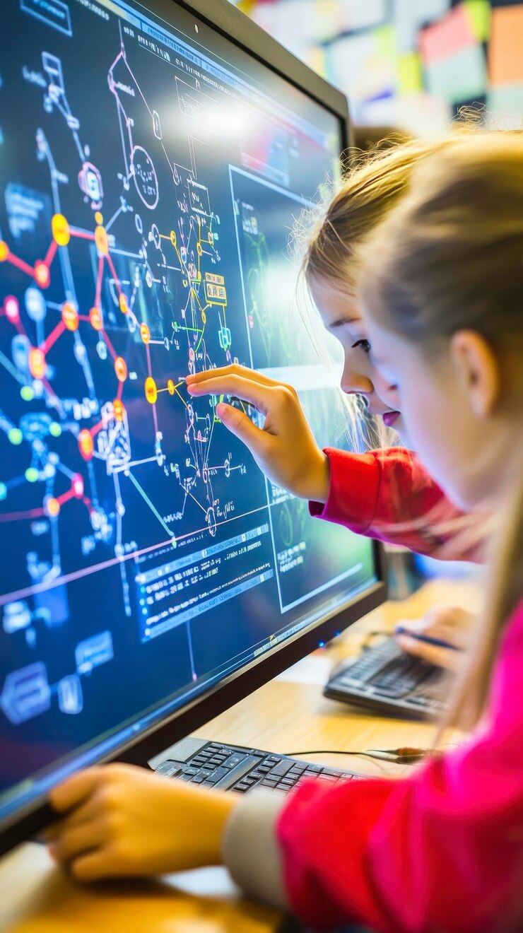 Foto los niños aprenden a codificar y analizar datos en una pantalla de computadora