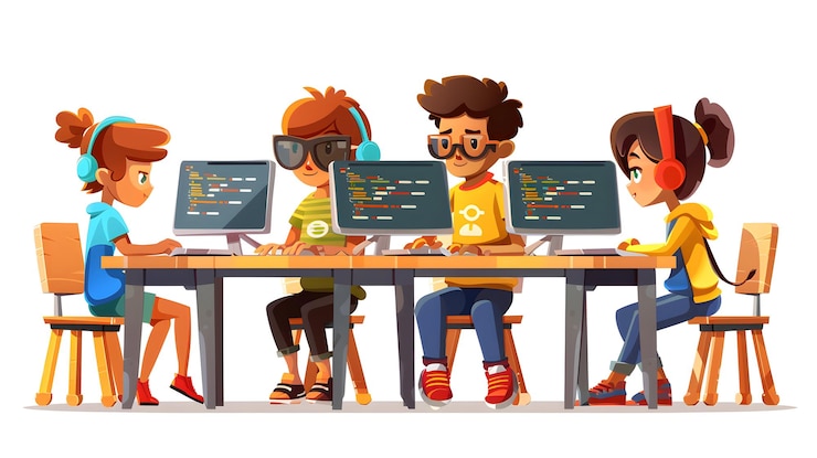 Foto niños aprenden a codificar con un tutor concepto de dibujos animados planos 3d que ilustran la educación tecnológica temprana y la ciencia y la tecnología