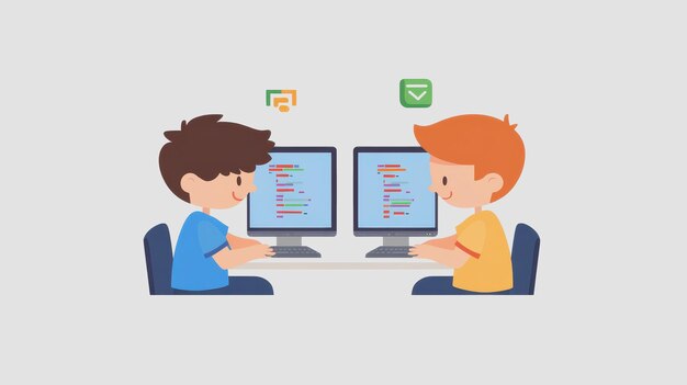 Niños aprenden a programar con computadoras en el estilo Flat Art