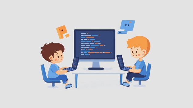 Niños aprenden a programar con computadoras en el estilo Flat Art