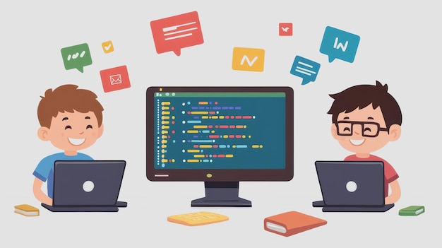 Niños aprenden a programar con computadoras portátiles y código