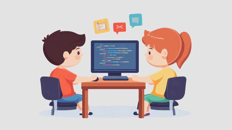 Foto los niños aprenden a programar en un divertido estilo de arte plano