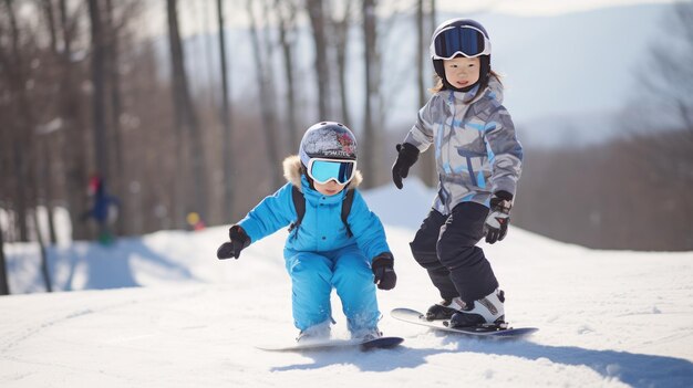 Niños aprendiendo a hacer snowboard